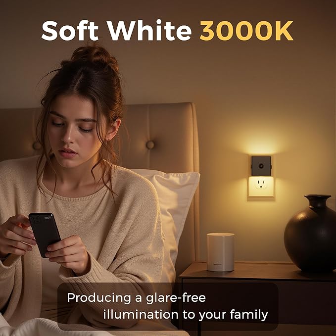 L LOHAS LED Motion Sensor Night Light,[4-Pack] Plug in Night Light with Dusk to Dawn Sensor,Brightness Adjustable,3000K Soft White Nightlight for Bathroom Hallway Kitchen