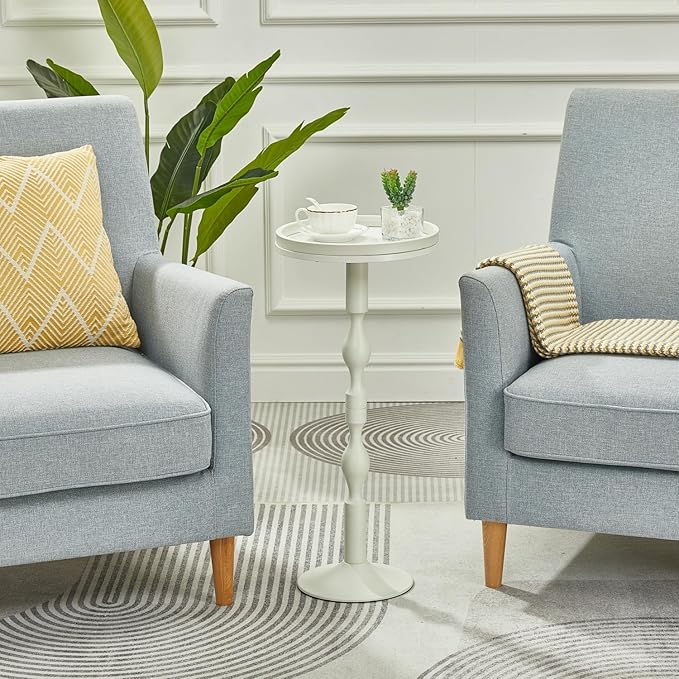 Small Round Drink Table,Pedestal Tables,Small Round Side Table for Narrow Spaces,End Table for Living Room, Bedroom, Bathroom,Balcony (White)