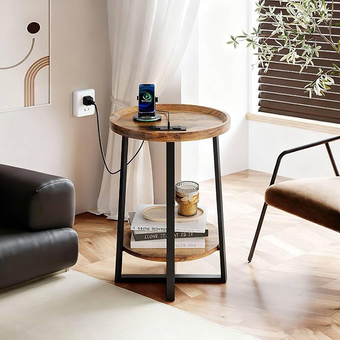 WLIVE Round End Table with Charging Station, 2 Tier Side Table for Living Room/Bedroom, Round Nightstand with Storage Shelf, Small Spaces, Wood Tabletop & Metal Frame, Rustic Brown