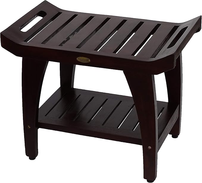 DecoTeak Tranquility 24 Inch Brown Waterproof Teak Wood Shower Bench Stool Seat Chair for Inside Shower Provides Safety, Storage, and Organization for Bathroom Accessories