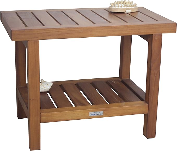 The Original 24" Spa Teak Shower Bench with Shelf & AquaTeak Two-Step Care Kit