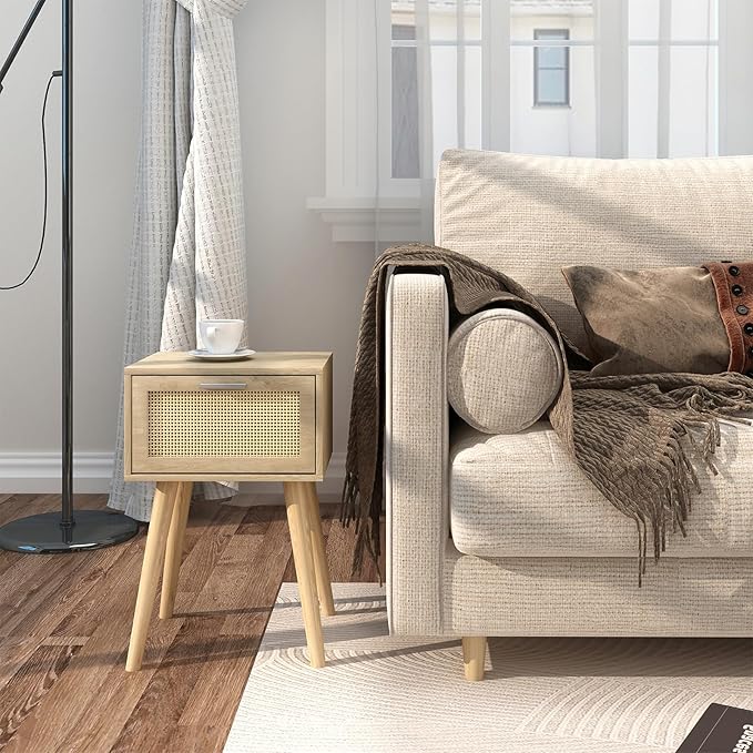 LAATOOREE Nightstand Set of 2, Small Bedside Table, Boho Side End Table, Rattan Door, Solid Wood Feet for Bedroom and Living Room