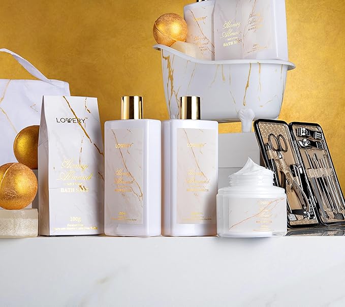 Christmas Gifts for Mom, Gift Basket, Spa Gifts For Women, 31Pc Self Care Kit, Stress Relief Gift, Birthday, Thank You, Honey Almond Bath and Body Gift - Toiletry Bag, Nail Kit, Bath Bombs & More