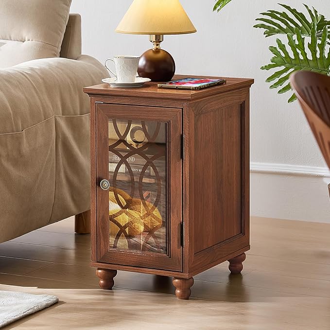 Narrow Side Table Set of 2 with Glass Door, 18 x 14'' Night Stand with Adjustable Shelf Storage Cabinet Organizer, Bedside End Tables Wood Nightstand for Small Spaces Living Room Bedroom