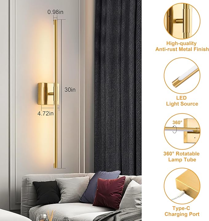 30″ Gold Battery Operated Wall Sconces Set of 2, Dimmable Wall Sconces with Remote Control, Rechargeable Sconces Wall Lighting, LED Wireless Wall Lights for Bedroom, Living Room, Bathroom
