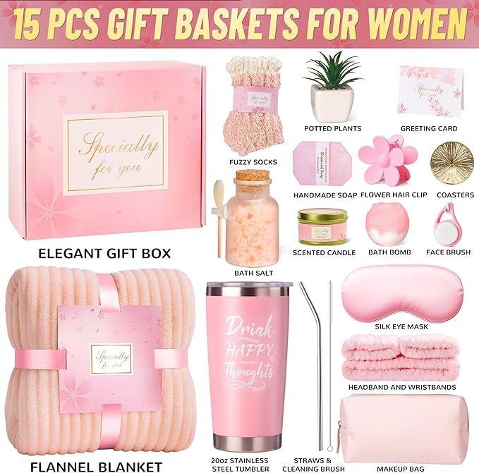 15PCS Birthday Gifts for Women, Self Care Gifts Get Well Soon Gifts, Relaxing Spa Gifts Basket Care Package w/ Flannel Blanket and 20 oz Tumbler, Mothers Day, Christmas, Friendship Gift for Mom Wife