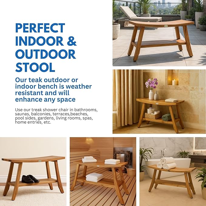 EcoDecors 34 Inch Satori Natural Teak Waterproof Teak Wood Shower Bench Stool Seat Chair For Inside Shower Provides Safety, Storage, and Organization For Bathroom Accessories