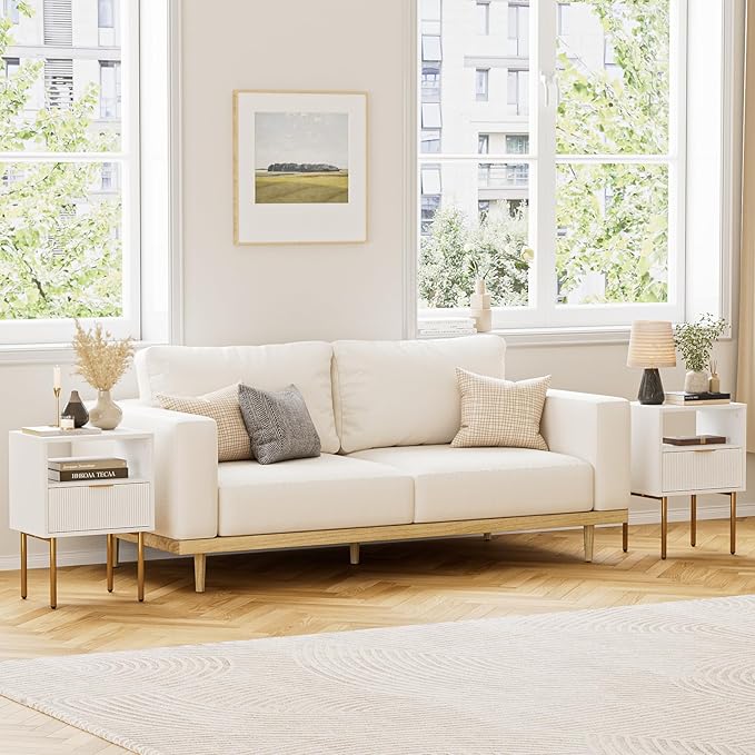 Masupu Nightstand,Mid-Century Modern Bedside Table with Storage Drawer and Open Wood Shelf,Small Gold Frame Side Table for Bedroom,Living Room,White