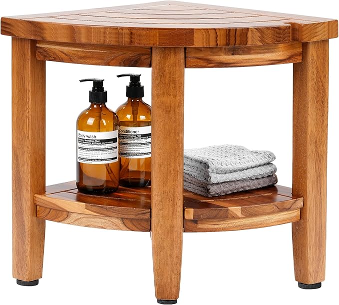 18" Teak Corner Shower Stool, 2-Tier Teak Shower Bench with Storage Shelf, Adjustable Non-Slip Feet, Natural