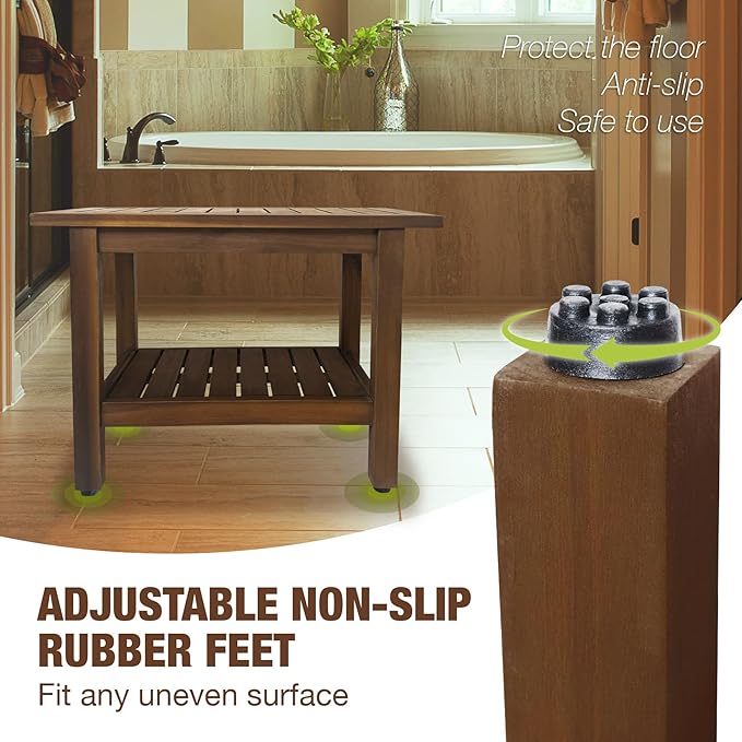 24 inch Acacia Wood Shower Bench with Storage Shelf - Waterproof Sturdy Shower Stool - Shower Seats for Adults and Elderly - Bathroom Bench 350 lb Capacity