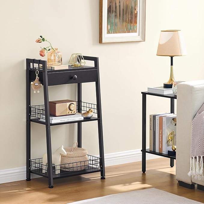 3-Tier Bathroom Ladder Shelf with Drawer, Freestanding Tower Shelf Ladder Bookshelf for Living Room, Bedroom -Black