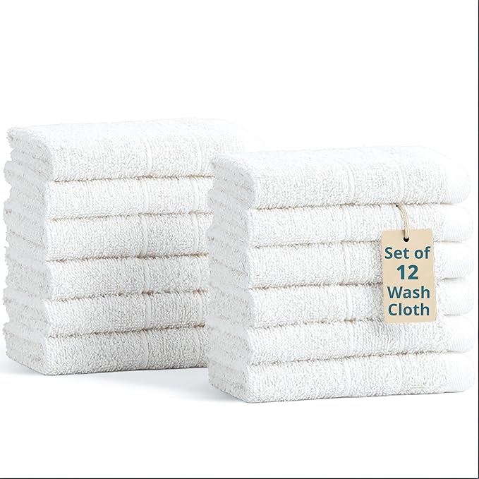 Casa Platino 100% Cotton Washcloths 12 Pack - Spa & Salon Quality Face Towels - Ring Spun, Soft & Absorbent Wash Cloth Rags for Body, Beauty, Home, Gym - Fingertip Towels - 13"x13", White Washcloths