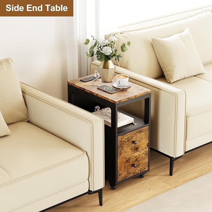 Narrow End Table with Charging Station and Wheels, Movable Narrow End Table with USB Ports and Outlets for Small Space, Living Room, Bedroom and Office, with 4 Wheels ( Rustic Brown + Black)