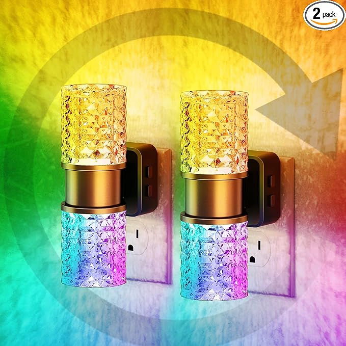 JandCase Night Lights Plug into Wall,2 Pack Color Changing Night Light for Kids, 3000K+RGB LED Nightlight with Dusk to Dawn Sensor, 10/50/100LM Adjustable Brightness for Rooms Decor