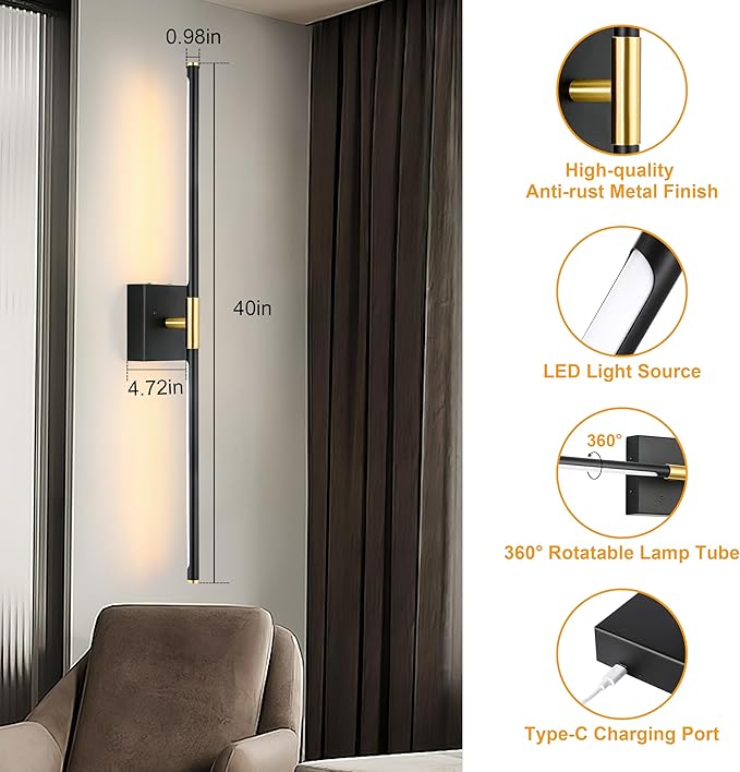 Battery Operated Wall Sconce, Black Gold Rechargeable Wall Sconces with Remote Control, Dimmable Sconces Wall Lighting, 40 Inch Modern Wireless Wall Lights for Bathroom, Bedroom,Living Room