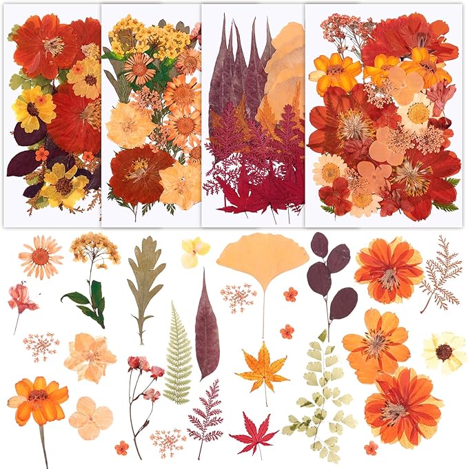 100 Pcs Fall Dried Pressed Flowers, Real Orange Dried Wildflowers Leave with Tweezer Floral Decoration for DIY Crafts, Candle Making, Resin Mold and Scrapbooking