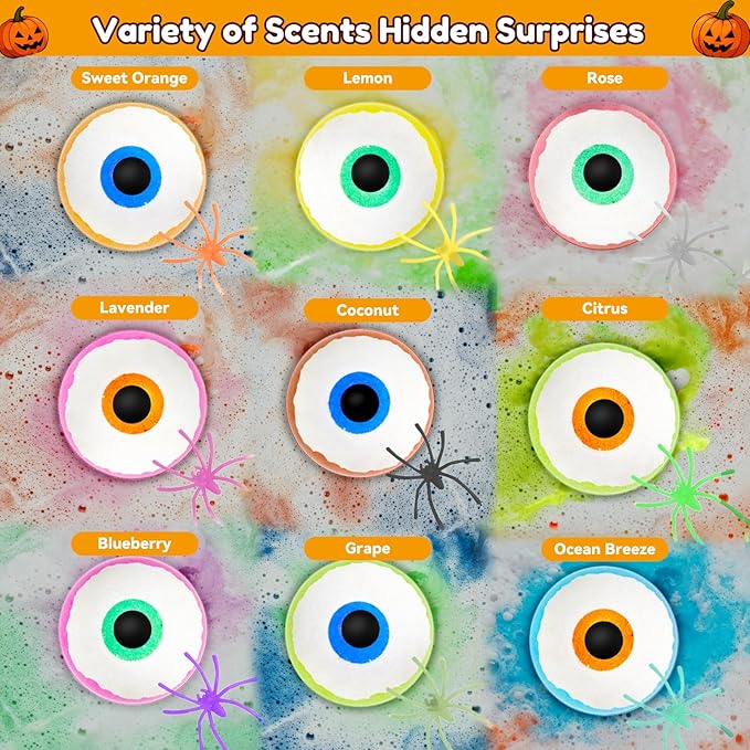Halloween Bath Bombs for Kids Gifts: 9 Pcs Eyeball Bath Bomb with Toys Inside Surprise Spider Light up Bath Toy Spooky Basket Stuffers for Kid Boys Girls Ages 3+ Bubble Fall Shower Steamers Bathroom