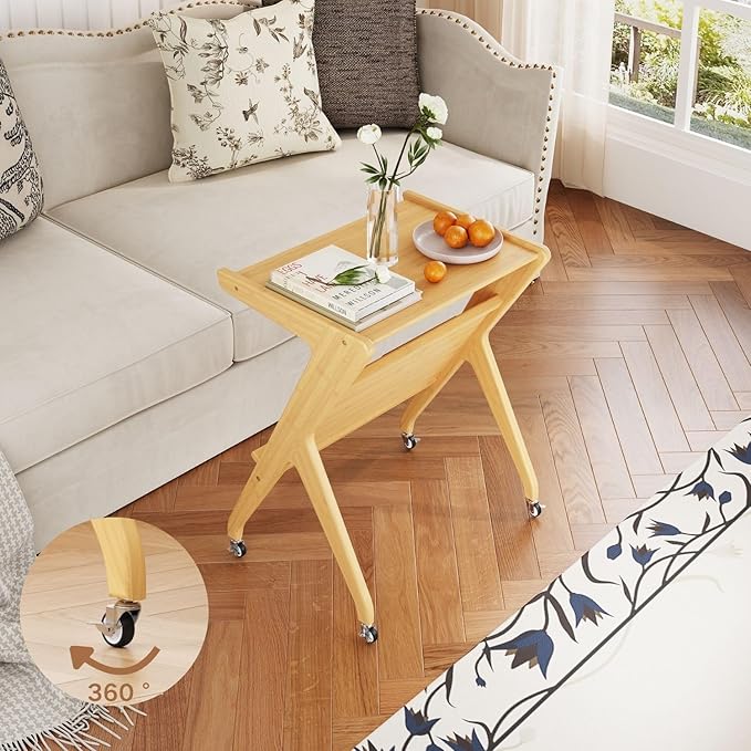 ZIYOO Solid Wood Mobile Side Table with Lockable Wheels, Multi-Functional Rolling End Table & Nightstand for Bedroom/Living Room, Small Spaces, Natural Bamboo