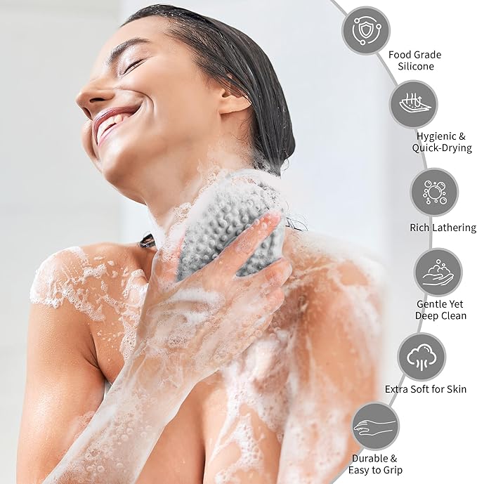 2 Pack Silicone Body Scrubber for Shower - Soft & Gentle Loofah Alternative for Sensitive Skin, Quick-Drying & Hygienic Body Wash Scrubber Brush for Men, Women & Kids (Black & Gray)