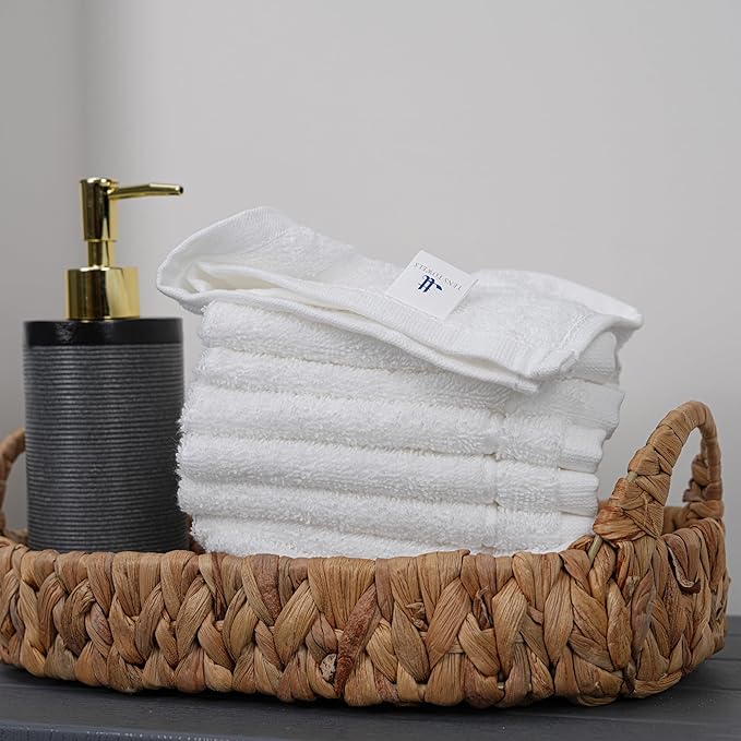 Tens Towels Pack of 60 Washcloths, 12 x 12 Inches, Lighter Weight, Quick to Dry, Super Soft & Absorbent, Gentle Face Towels, Hotel Quality, Perfect for Bathroom, Gym, Spa (White, 60 Pack)