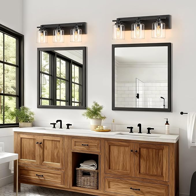 3 Light Modern Bathroom Light Fixtures Over Mirror, Black Vanity Lights for Bathroom Wall Sconces with Clear Glass Shades, E26 Socket (Bulbs Not Included)