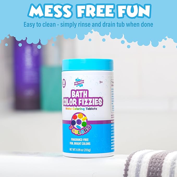 Tub Works® Bath Color Fizzies, 150 Count | Nontoxic & Fragrance-Free | Fizzy, Bath Color Tablets for Kids | Create Colorful Water | Water Tablets in 7 Colors for Variety | Bath Bombs for Kids Bathtub