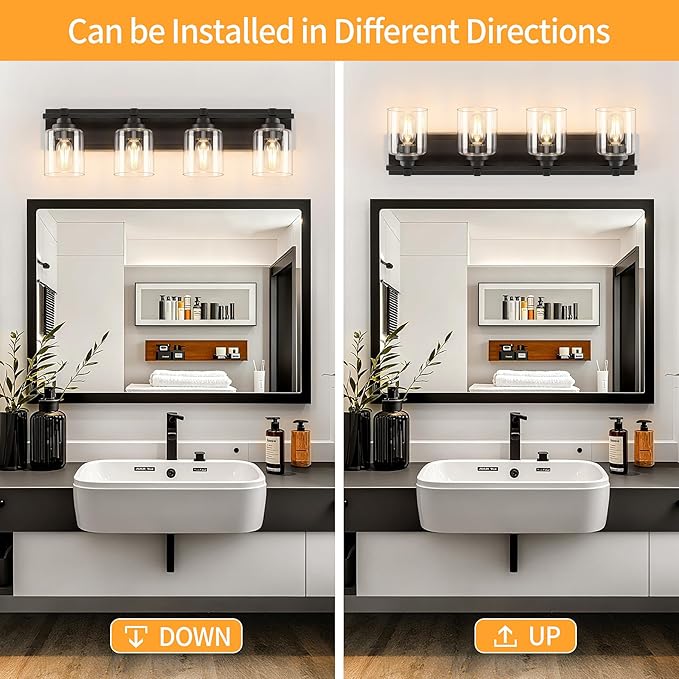 4 Light Modern Bathroom Light Fixtures Over Mirror, Black Vanity Lights for Bathroom Wall Sconces with Clear Glass Shades, E26 Socket (Bulbs Not Included)