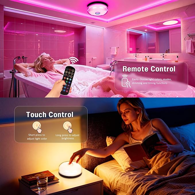 Loscarol 2-Pack Rechargeable Shower Light with Remote, 15 RGBW Color Changeable Shower Lamp Waterproof, Dimmable ＆Timer Ceiling Light, Wireless LED Mood Lighting for Bathroom, Closet, Bedroom, Party