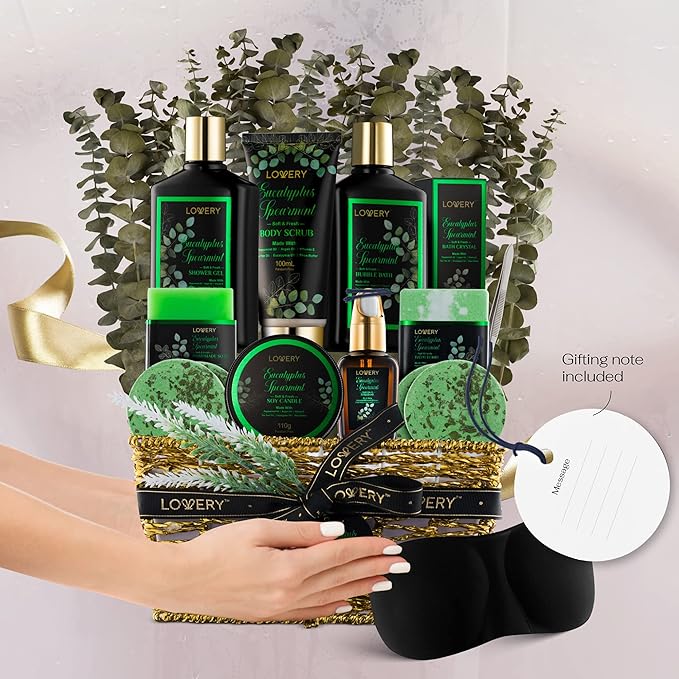 Christmas Eucalyptus Spearmint Bath Set, Home Spa Set with Natural Mint Fragrance, 17 Pcs Gift Basket, Eucalyptus Bath Oil, Shower Gel, Bubble Bath, Bath Crystal, Steamer Tablet & More, Birthday Gift