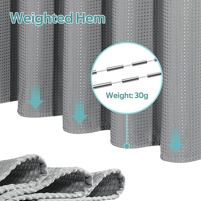 3 in 1 Shower Curtain Set, Waffle Shower Curtain and Liner Set with 12 Double Sided Shower Curtain Hooks, 258GSM Luxury Weighted Cloth Shower Curtains for Bathroom, 72 W x 72 H, Grey