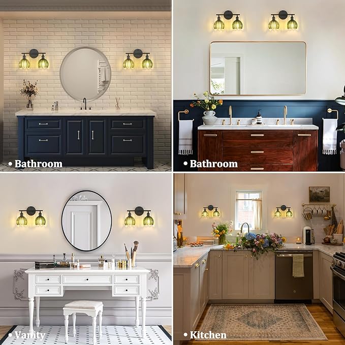 Bathroom Light Fixtures, 2-Light Black Vanity Wall Light Over Mirror with Green Tulip Glass Shade for Bedroom Living Room (Bulb Not Included)