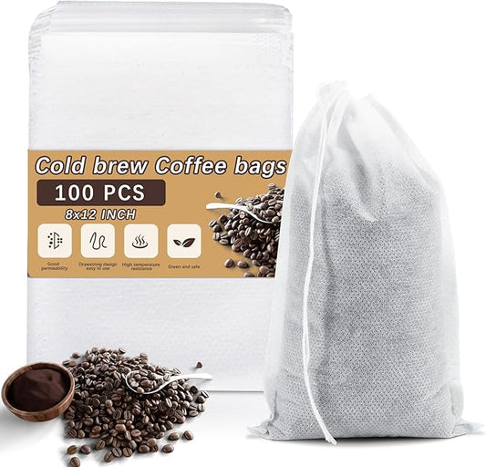 100 Pcs Cold Brew Bags 8x12 inch, No Mess Disposable Cold Brew Coffee Filter Pouches with Drawstring Large Empty Tea Bag for Loose Leaf Tea, Iced Coffee, Herbs, Spice, Home brewing, Hot pot