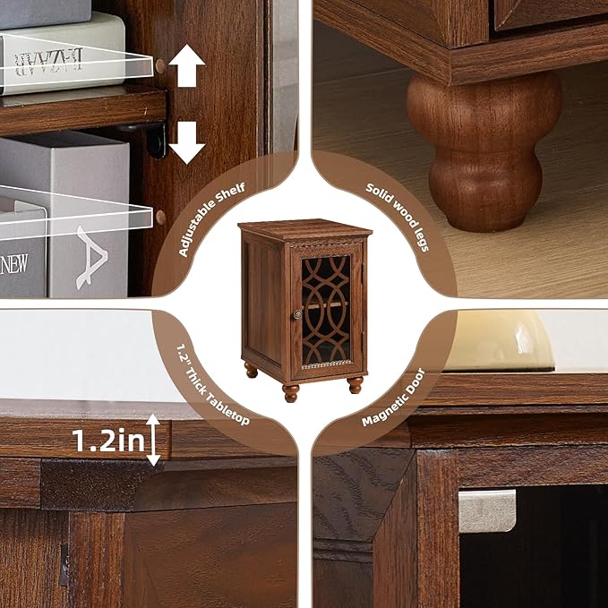 Narrow Side Table Set of 2 with Glass Door, 18 x 14'' Night Stand with Adjustable Shelf Storage Cabinet Organizer, Bedside End Tables Wood Nightstand for Small Spaces Living Room Bedroom