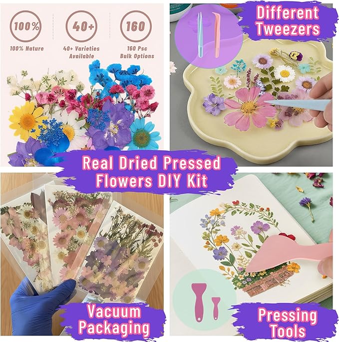 160 Pcs Dried Pressed Flowers with Tweezers for Crafts, Dried Flowers for Resin Crafts for Jewelry Making for Candle Making for Wedding Card