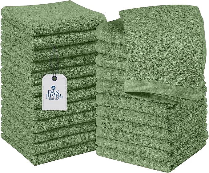 DAN RIVER 24 Pack Wash Cloths for Showering [12x12] - 100% Cotton Washcloths Premium Quality Flannel Face Cloths for Bathroom, Highly Absorbent and Soft Feel Wash Clothes, Sage Green