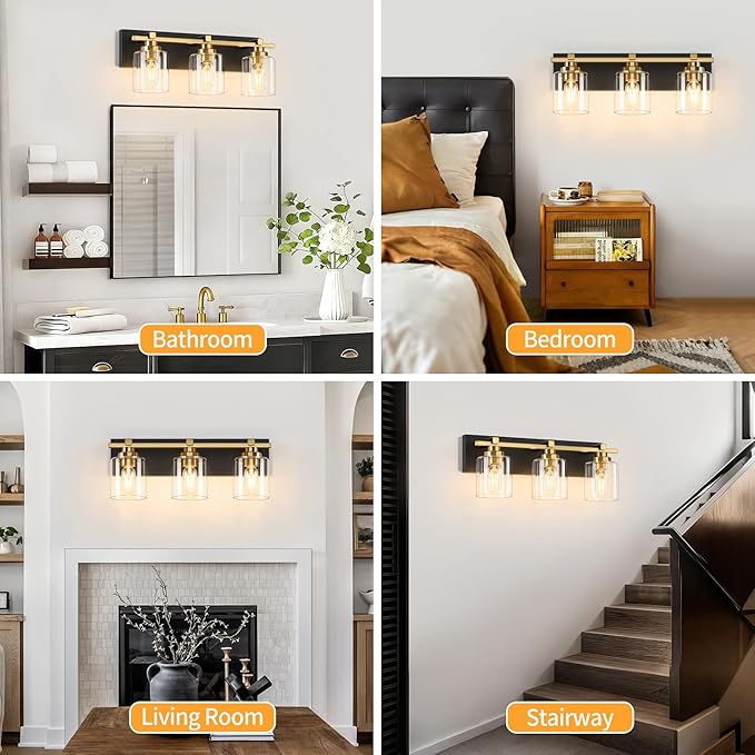 3 Light Modern Bathroom Light Fixtures Over Mirror, Black Gold Vanity Lights for Bathroom Wall Sconces with Clear Glass Shades, E26 Socket (Bulbs Not Included)