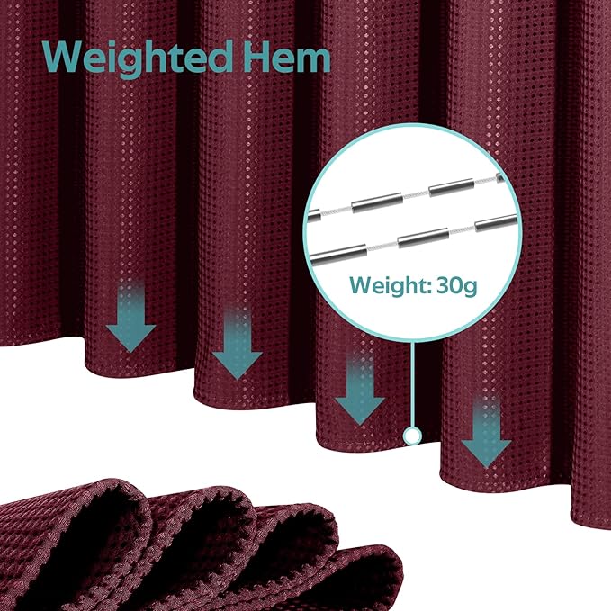 3 in 1 Shower Curtain Set, Waffle Shower Curtain and Liner Set with 12 Double Sided Shower Curtain Hooks, 258GSM Luxury Weighted Cloth Shower Curtains for Bathroom, 72 W x 72 H, Burgundy