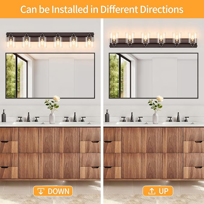6 Light Modern Bathroom Light Fixtures Over Mirror, Bronze Finish Vanity Lights for Bathroom Wall Sconces with Clear Glass Shades, E26 Socket (Bulbs Not Included)