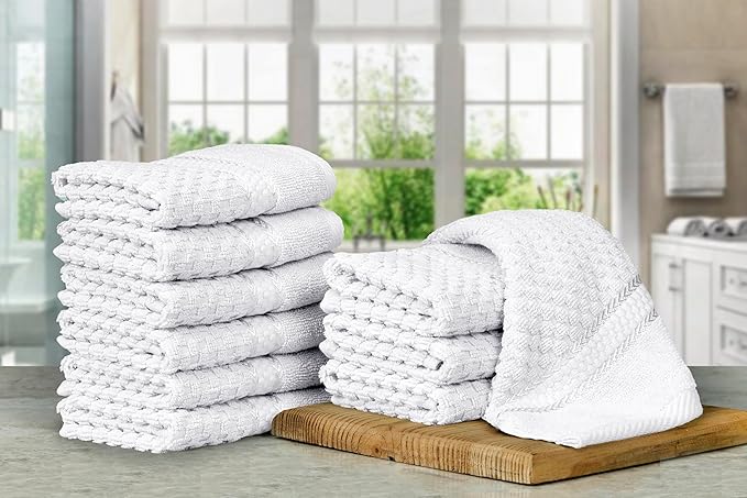 Ample Decor Christmas White Wash Cloth Set of 10 100% Cotton - Popcorn Textured - Mulaayam Collection - 12 X 12 Inch