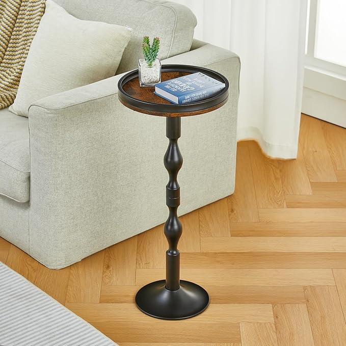 Small Round Drink Table,Pedestal Tables,Small Round Side Table for Narrow Spaces,End Table for Living Room, Bedroom, Bathroom,Balcony (Rustic Brown)