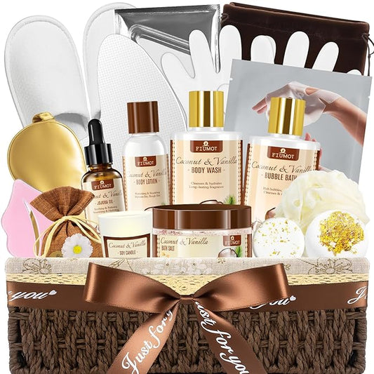 Bath and Body Gift Basket Set for Women - Coconut Vanilla Spa Gift Basket - Premium 21‑Piece Luxury Bath & Body Gift Set for Self Care - Gift ready for Mothers Day, Christmas, Birthday Gifts