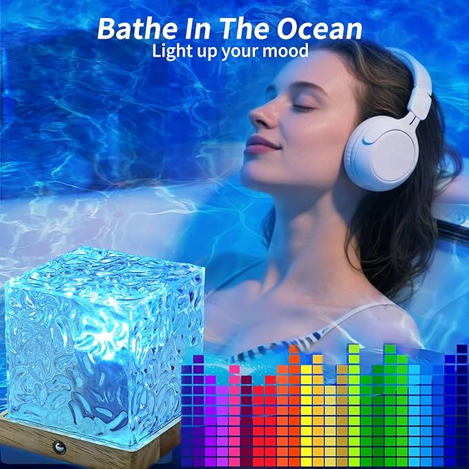 LETOUR Bathroom Mood Light,Rechargeable Shower Light 16 Color Changeable Ocean Wave Projector Lamp, Dimmable Waterproof Shower Lamp with Remote, Rotating Cube Water Ripple Lamp for Bath