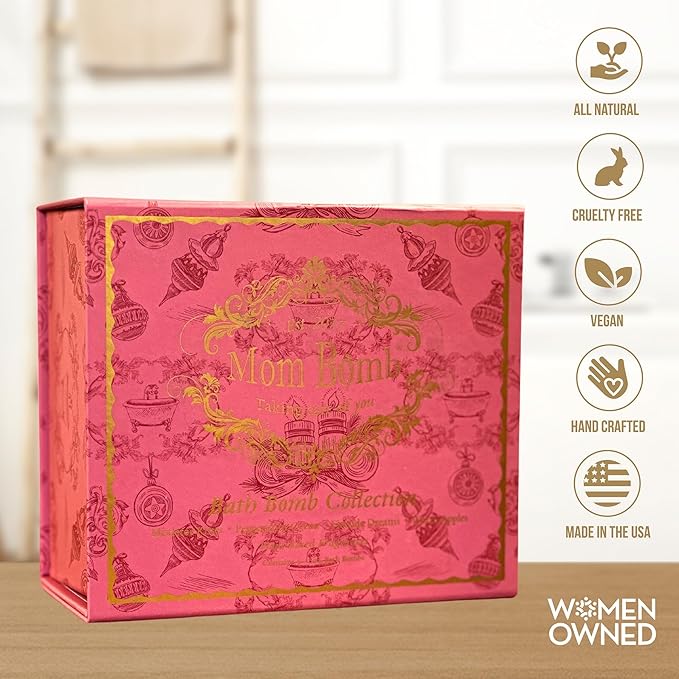 Mom Bomb Bath Bomb Gift Set (4) – Mistletoe Kisses, Peppermint Cocoa, Fireside Dreams & Warm Apples – Essential Oils, Plant-Based Scents – Made in USA – Gift for Women