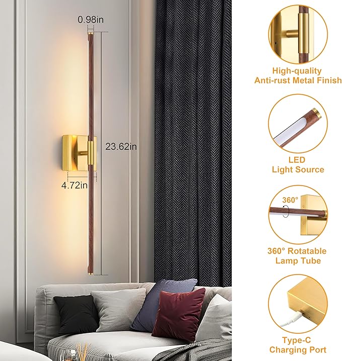 30″ Walnut Battery Operated Wall Sconces with Remote Control, Rechargeable Wall Sconces Set of 2, LED Sconces Wall Lighting, Wireless Wall Lights for Bedroom, Living Room, Background Wall