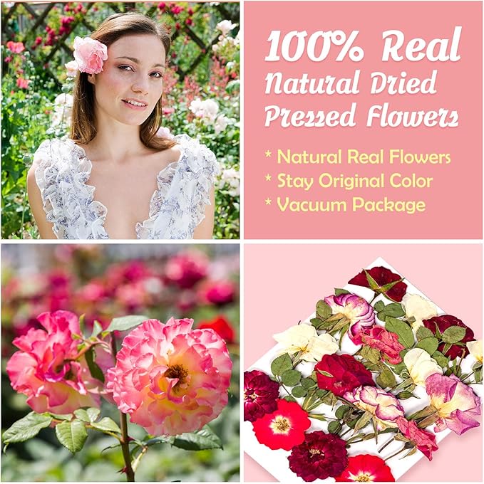 16 Pcs Dried Pressed Flowers, Nauture Pressed Rose, Multi Color Dry Rose, Real Pressed Flora for DIY Jewelry Candle Soap Vase Making Nail Card Scrapbook Art Craft Floral Decors