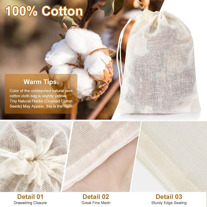 36PCS Drawstring Muslin Bags, 3x4In Reusable Empty Tea Bag for Loose Tea, Natural Cotton Unbleached Cheese Cloth Bag, Spice Bags for Filtering Cooking Soups/Herbs/Herbal Tea/Cold-Brewed Coffee
