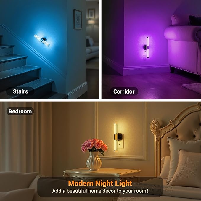 JandCase Night Light, Night Lights Plug into Wall, Color Changing Nightlight RGB with Dusk to Dawn Sensor, Vanity Light Bar for Hallway, Bathroom, Rooms