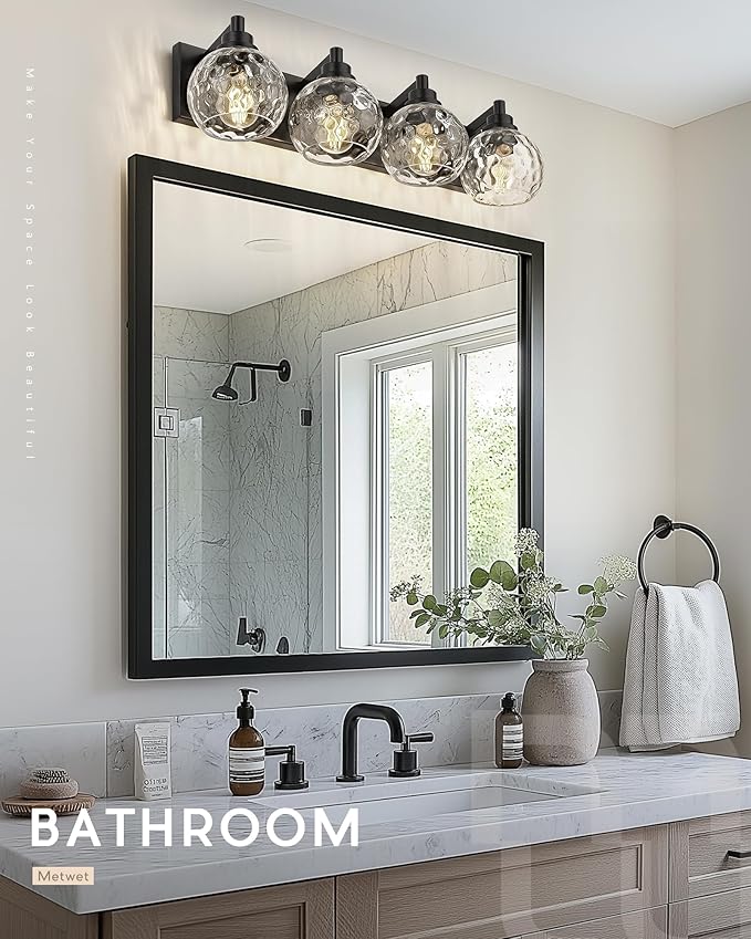 Bathroom Light Fixtures Over Mirror, 26" Matte Black Vanity Light with Clear Hammered Glass Globe Shade, 4-Light Modern Sconces Wall Lighting for Bedroom Hallway, VL200-MB-CL-4