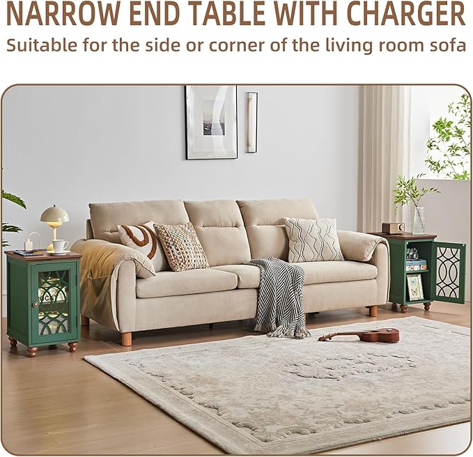 Narrow Side Table with Charging Station Set of 2, Night Stand with Glass Door,Bedside End Tables with Adjustable Shelf Storage Cabinet,Wood Nightstand for Small Spaces Living Room Bedroom