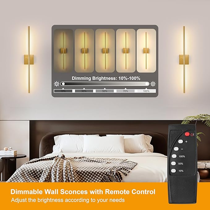 36 Inch Battery Operated Wall Sconces Set of 2, Dimmable Battery Wall Sconce with Remote Control, Gold LED Rechargeable Sconces, Modern Wireless Wall Lights for Bedroom, Living Room